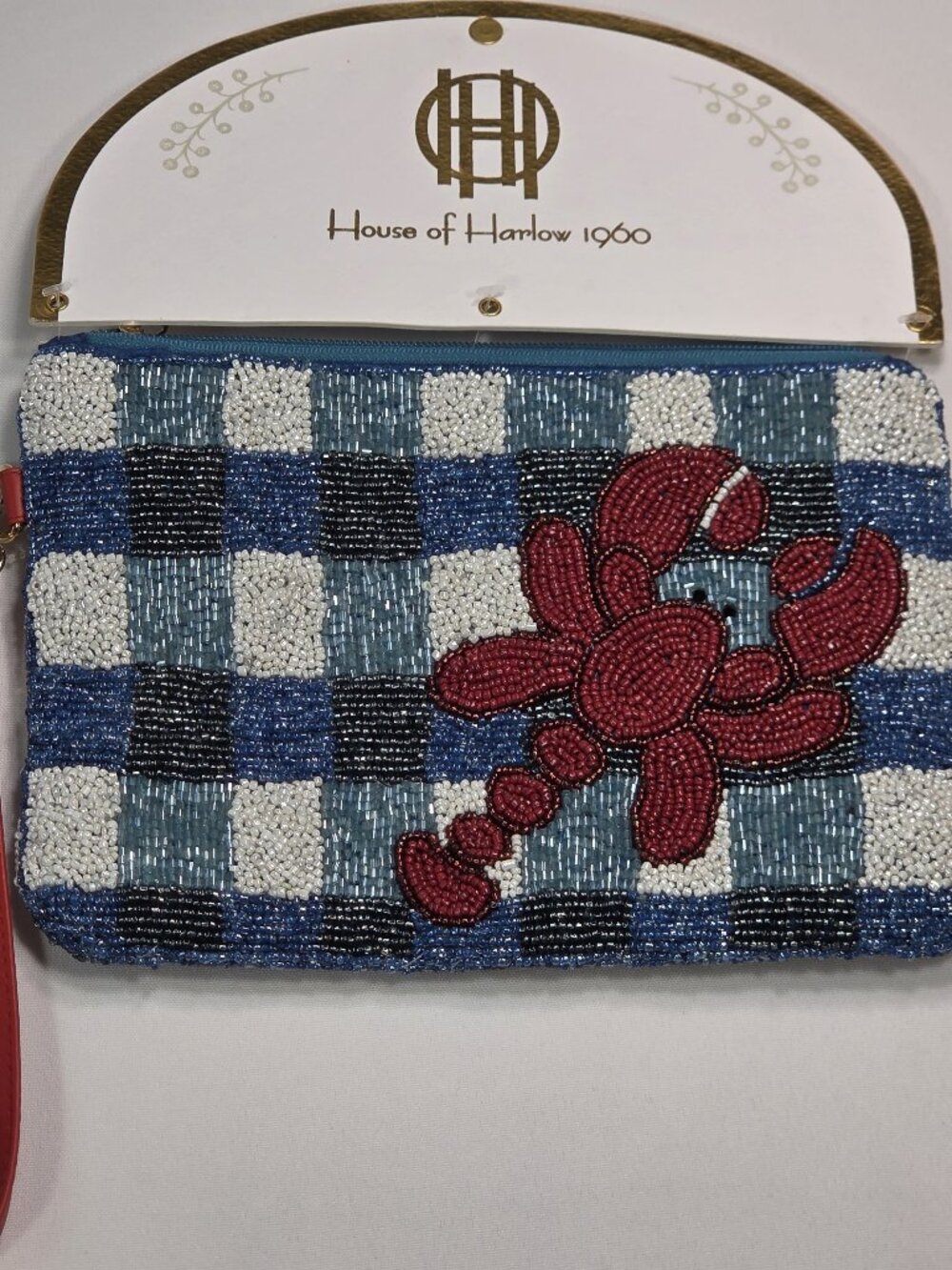 House of Harlow 1960 Beaded Lobster Plaid Wristlet Clutch Gingham Pouch Bag NWT